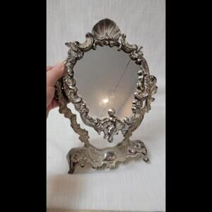 Vintage Estate Heritage Silver Plated Dresser Vanity Swing Mirror Cherubs 12.5"